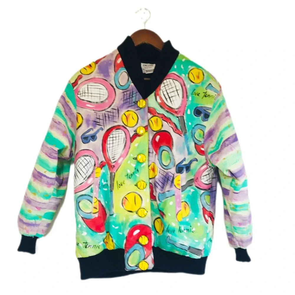 VINTAGE Hand Painted Bomber Jacket Tennis Wearable Art Artsy 80s 90s Size Small - Picture 4 of 15